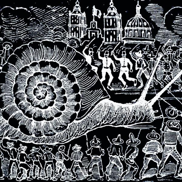 a pen and ink drawing of a giant snail being attacked and tied down by angry townsfolk.