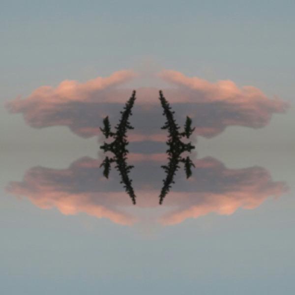An image with several symetries. There are clouds merging and reflecting, a black abstract shape and a white cross.