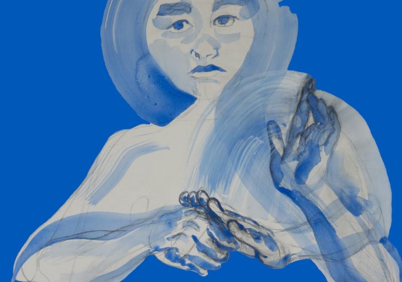 a face of concentration - one hand is sweeping down and hitting the top of the other hand which is curled.