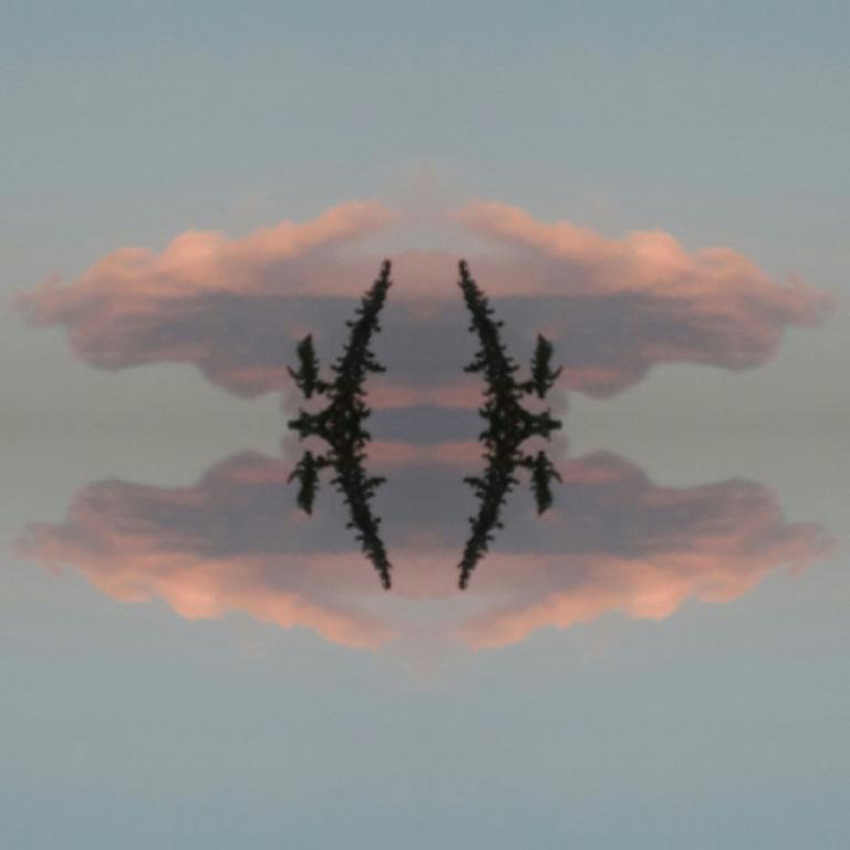An image with several symetries. There are clouds merging and reflecting, a black abstract shape and a white cross.