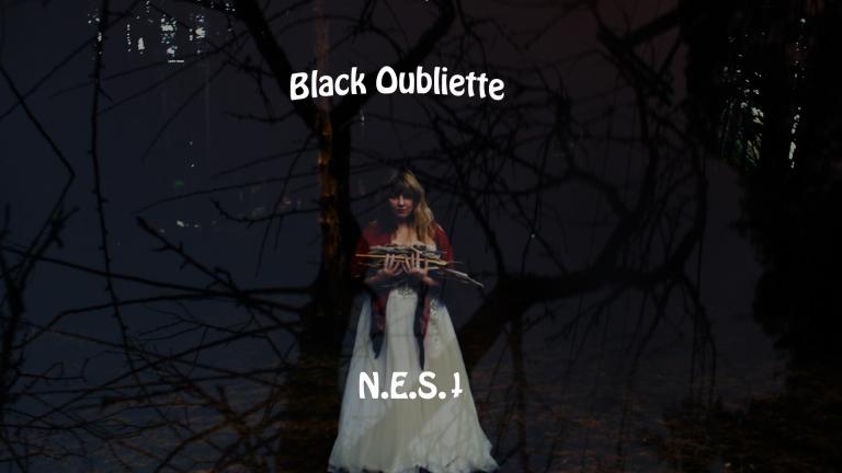 A woman holds a fagot of sticks in her arms. She is in an ominous forest, but seems calm, anchored, and sure of herself.