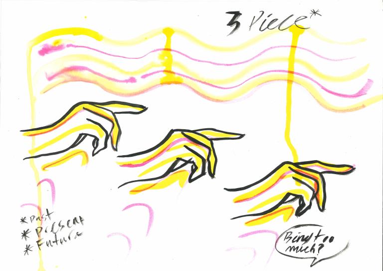 the hand triples and moves through yellow and pink waves. text "3 piece" with an astersisk. The three words that correspond with the astersik are "past, present, future" Speech bubble "Being too much?"